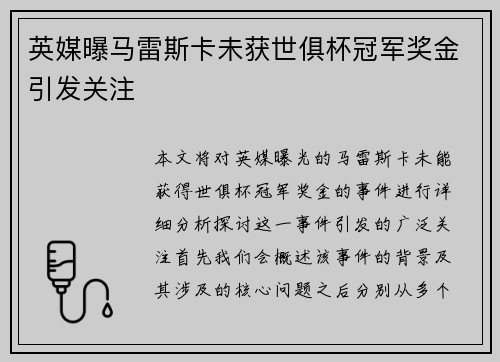 英媒曝马雷斯卡未获世俱杯冠军奖金引发关注