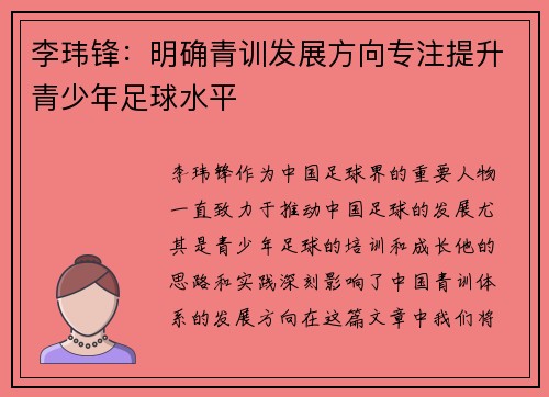 李玮锋：明确青训发展方向专注提升青少年足球水平
