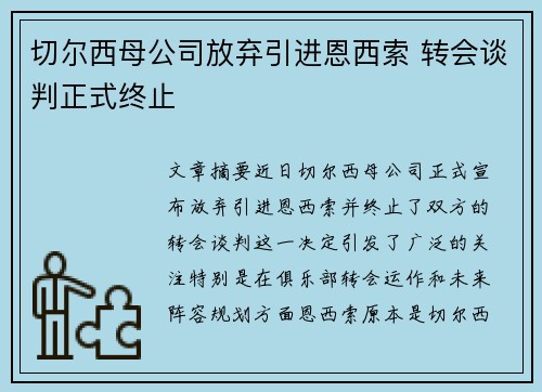 切尔西母公司放弃引进恩西索 转会谈判正式终止